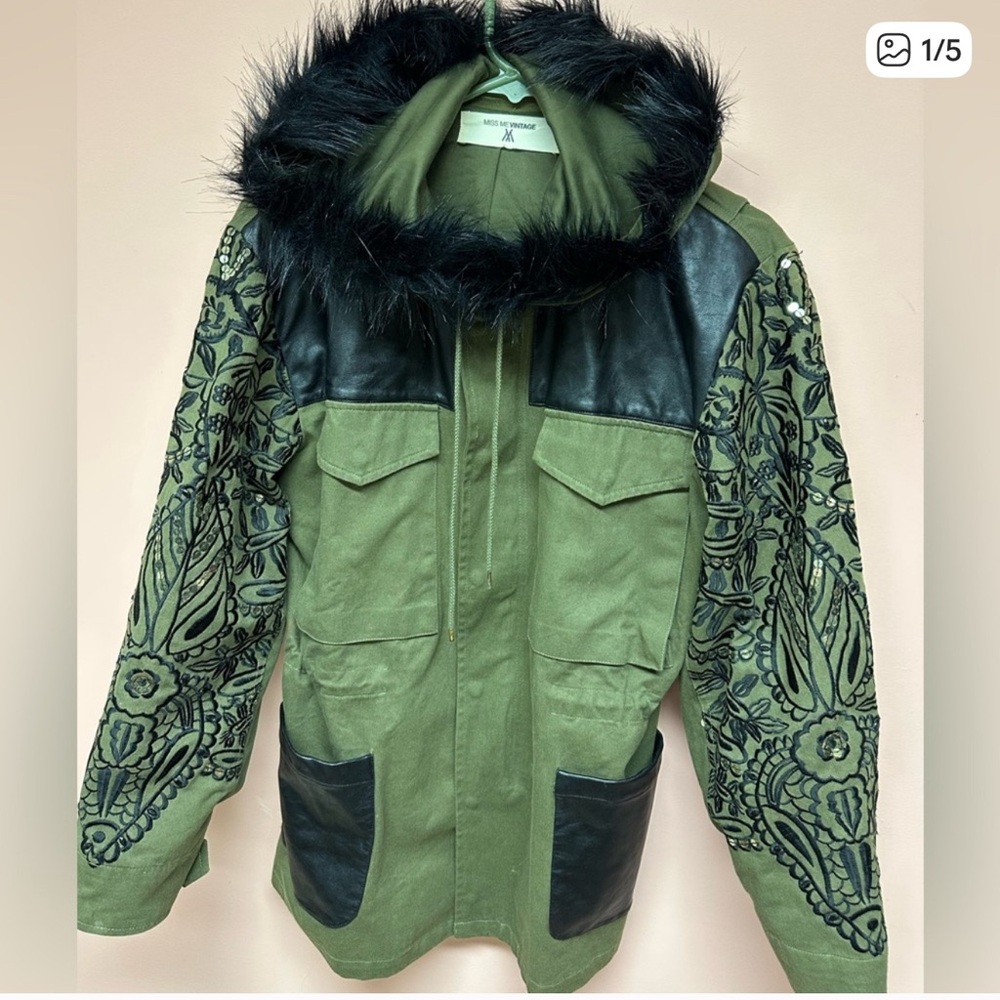 Miss Me Green Utility Jacket with Black Faux Fur